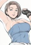  1girl armpits bare_shoulders black_gloves blue_eyes blue_shirt breasts brown_hair cleavage clothes_around_waist fingerless_gloves gloves highres jaydamon jill_valentine looking_at_viewer medium_breasts parted_lips resident_evil resident_evil_3:_nemesis shirt shirt_around_waist short_hair sideboob solo strapless swept_bangs tube_top upper_body white_background white_shirt 