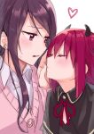  2girls black_capelet black_hair black_horns black_shirt blush capelet cardigan collared_capelet collared_shirt double-parted_bangs earrings gundou_mirei hair_between_eyes hair_over_shoulder heart highres hijiki_(hijikini) horns jewelry long_bangs long_hair long_sleeves looking_at_another multiple_girls neck_ribbon nijisanji parted_bangs parted_lips pink_cardigan red_eyes red_hair red_ribbon ribbon shirt simple_background sketch small_horns sweatdrop upper_body virtual_youtuber white_background white_shirt wing_collar yuri yuzuki_roa yuzuki_roa_(1st_costume) 