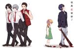  1girl 4boys ash_(pixiv42587695) bare_shoulders black_hair blood blood_on_clothes blood_on_face blood_on_weapon blue_eyes blue_hair blue_jacket brown_hair collared_shirt dress grey_hair hair_ribbon highres himuro_hitoshi jacket kaga_tsuyoshi kaii_shoukougun kaii_shoukougun_2 kirisaki_shouta kogure_maiko kogure_shinichi lab_coat medium_hair multiple_boys necktie orange_hair ponytail red_necktie red_vest ribbon shirt short_hair smile tears twintails vest weapon 