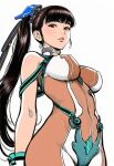  1girl arms_behind_back bare_shoulders blunt_bangs bodystocking bodysuit breasts brown_bodysuit brown_eyes brown_hair cowboy_shot eve_(stellar_blade) headgear highres jaydamon large_breasts long_hair looking_at_viewer parted_lips ponytail solo stellar_blade underboob white_background 
