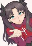  1girl aqua_eyes black_hair black_ribbon blowing_kiss blush breasts fate/grand_order fate_(series) hair_ribbon half_updo highres jaydamon leaning_forward long_hair looking_at_viewer medium_breasts parted_bangs puckered_lips red_shirt ribbon shirt solo tohsaka_rin twintails 