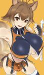  1girl animal_ears antenna_hair armpits belt belt_buckle black_belt black_gloves black_thighhighs blazblue breasts brown_eyes brown_hair buckle cleavage collared_shirt colored_tips commission cowboy_shot crop_top double-parted_bangs fingerless_gloves flipped_hair from_above gloves hand_up highleg highleg_panties highres huge_breasts kuma_(jk0073) looking_at_viewer lower_teeth_only makoto_nanaya microskirt midriff multicolored_hair multiple_belts open_mouth orange_shirt orange_skirt panties revealing_clothes shirt short_hair simple_background skeb_commission skirt sleeveless sleeveless_shirt smile solo squirrel_ears squirrel_girl squirrel_tail tail teeth thighhighs tonfa two-tone_hair underboob underwear weapon yellow_background 