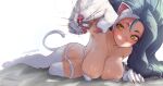 1girl :t absurdres against_fourth_wall against_glass ahoge animal_ear_fluff animal_ears animal_hands areola_slip armpits artist_name big_hair blue_hair blush body_fur breasts broken_glass cat_ears cat_girl cat_paws cat_tail claws closed_mouth collarbone commentary crack cracked_glass darkstalkers english_commentary felicia_(darkstalkers) fourth_wall fur-trimmed_thighhighs fur_trim glass green_eyes hair_between_eyes highres huge_ahoge large_breasts long_hair looking_at_viewer lying mixed-language_commentary on_bed on_side pawpads shiny_skin simple_background slit_pupils sora_raion spanish_commentary tail thighhighs through_medium through_screen twitter_username very_long_hair white_background white_fur 
