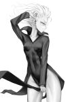  1girl absurdres arm_up breasts closed_mouth dress greyscale highres medium_hair monochrome one-punch_man side_slit small_breasts solo spicyyrum tatsumaki 