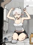  1girl absurdres arms_up bathroom black_shorts breasts bruise brush cleaning cleaning_brush cleavage crying gogalking hands_up highres injury kneeling original pointy_ears shorts sink tank_top toilet toilet_seat white_hair white_tank_top 