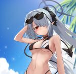  1girl arm_at_side arm_behind_head bare_shoulders bikini black_bikini black_bow black_choker blue_archive blue_sky blush bow breasts choker closed_mouth cloud commentary covered_nipples dark-skinned_female dark_skin day demon_girl demon_tail eyelashes eyewear_on_head floating_hair frown grey_halo hair_bow hair_over_one_eye halo halterneck highres iori_(blue_archive) iori_(swimsuit)_(blue_archive) long_bangs long_hair looking_at_viewer medium_breasts navel official_alternate_costume one_eye_closed outdoors pointy_ears red_eyes sidelocks sky solo sparkle split_mouth stomach suezu1022 sunglasses swimsuit tail tail_raised tsurime twintails underboob v-shaped_eyebrows very_long_hair 