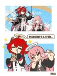  2girls absurdres arknights artist_name black_gloves black_jacket closed_mouth cropped_jacket cup detached_wings drinking_glass eating energy_wings english_commentary english_text exusiai_(arknights) exusiai_the_new_covenant_(arknights) fingerless_gloves gloves halo highres holding holding_cup holding_spoon jacket kuhl-notes lemuen_(arknights) looking_at_viewer medium_hair multiple_girls pink_eyes pink_hair red_hair reference_inset shirt smile spoon traditional_halo wings yellow_halo 