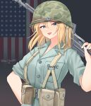  1girl absurdres american_flag american_flag_background ammunition_pouch arm_up artist_name belt blonde_hair blue_eyes brown_belt commentary flag_background green_shirt gun hand_on_own_hip highres historical_american_flag holding holding_gun holding_weapon iwo_jima leochan1202 light_machine_gun long_hair looking_at_viewer m1918_bar machine_gun military military_uniform open_mouth original pouch shirt sleeves_rolled_up smile solo suspenders united_states_marine_corps upper_body weapon world_war_ii 