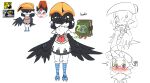  1girl @_@ absurdres bangs bird bird_legs black_feathers black_hair black_wings blue_eyes blush book commentary english_commentary glasses hair_over_eyes harpy highres holding holding_book kooki_(eogks) monster_girl nn_(eogks) original reference_inset short_hair simple_background toucan white_background winged_arms wings 