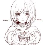  1girl 1other absurdres chaos;child crying crying_with_eyes_open happy_birthday happy_tears highres holding holding_plate kokemomo_ueno light_blush long_sleeves looking_at_viewer monochrome official_art open_mouth plate pov pov_hands science_adventure short_hair simple_background sketch solo sweater swept_bangs tachibana_yui tearing_up tears 