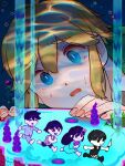  1girl 4boys air_bubble aubrey_(headspace)_(omori) aubrey_(omori) barefoot basil_(faraway)_(omori) basil_(omori) black_eyes black_hair black_socks black_tank_top blonde_hair blue_eyes blue_shirt blush bow bright_pupils bubble closed_eyes colored_skin fingernails gokun green_sweater_vest hair_bow hero_(headspace)_(omori) hero_(omori) highres holding holding_stuffed_toy jellyfish kel_(headspace)_(omori) kel_(omori) kneehighs long_hair long_shirt long_sleeves looking_at_another mini_person miniboy minigirl mr._plantegg_(omori) multiple_boys nervous_sweating omori omori_(omori) open_mouth pajamas pink_bow purple_eyes purple_hair purple_shorts running shirt short_hair short_sleeves shorts smile socks striped_clothes striped_shorts stuffed_eggplant stuffed_toy sweat sweater_vest t-shirt tank_top vertical-striped_clothes vertical-striped_shorts water waterfall white_pupils white_shirt white_shorts white_skin 