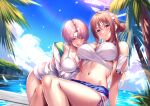  2girls arimura_mao bare_legs bikini blush breasts brown_hair collarbone commentary_request feet_out_of_frame gakuen_idolmaster hair_bun highres himesaki_rinami idolmaster jacket kimi_to_semi_blue_(idolmaster) large_breasts ldfe_mk2 long_hair multiple_girls navel official_alternate_costume outdoors palm_tree pink_hair short_hair single_side_bun sitting smile stomach swimsuit tree two-sided_fabric two-sided_jacket white_bikini white_jacket 