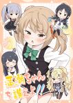 5girls black_dress bow bowtie brown_eyes brown_hair chibi collared_shirt commentary_request donut_hair_bun double_bun dress dress_shirt fusou_(kancolle) green_bow green_bowtie hair_bun hands_on_own_hips highres kantai_collection kasumi_(kancolle) kasumi_kai_ni_(kancolle) medium_hair michishio_(kancolle) michishio_kai_ni_(kancolle) minneapolis_(kancolle) multiple_girls pinafore_dress shirt sleeveless sleeveless_dress solo_focus suzukaze_(kancolle) tenshin_amaguri_(inobeeto) translation_request white_shirt 