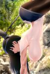  1girl alternate_breast_size arato_nagi arched_back artist_name ass between_buttocks black_eyes black_hair black_pantyhose blue_shorts breasts collared_shirt commentary_request denim denim_shorts forest from_side hammer handstand hanging_breasts highres huge_breasts long_hair looking_at_viewer nature nipples no_bra outdoors paid_reward_available pantyhose photo_background profile road ruri_no_houseki see-through_clothes see-through_shirt shirt short_shorts shorts shoujo_donburi solo speech_bubble thighs translation_request weapon_between_buttocks white_shirt 