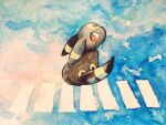  animal_focus blue_background bright_pupils crosswalk full_body no_humans non_(kumakawayusu) orange_eyes outdoors painting_(medium) pokemon pokemon_(creature) sitting solo traditional_media umbreon watercolor_(medium) white_pupils 