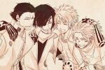  4boys :d ^_^ abs arm_around_shoulder closed_eyes cropped_jacket date_masamune_(sengoku_basara) eyepatch facepaint fangs grin headband jewelry katakura_kojuurou_(sengoku_basara) male_focus minatosu multiple_boys necklace no_shirt popped_collar sanada_yukimura_(sengoku_basara) sarutobi_sasuke_(sengoku_basara) sengoku_basara sepia short_hair smile toned toned_male upper_body 
