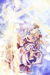  1girl :d ascot blue_background blue_eyes bow commentary_request dress fang fog hair_bow highres laser light_rays long_hair long_sleeves nagayo orange_hair outstretched_hand red_bow red_dress smile solo sunny_milk touhou twintails white_headdress white_sleeves yellow_ascot 