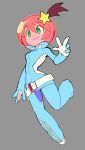  1girl bacun bangs belt blue_bodysuit bodysuit breasts bright_pupils closed_mouth commentary english_commentary eyebrows_visible_through_hair foot_up full_body green_eyes grey_background hair_between_eyes hair_ornament hand_up looking_ahead luluco multicolored_bodysuit multicolored_clothes ponytail red_hair short_hair simple_background small_breasts smile solo space_helmet star_(symbol) star_hair_ornament uchuu_patrol_luluco white_belt white_bodysuit white_pupils 