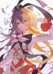  1girl absurdres arcaea black_bow black_bowtie black_eyes black_hair blonde_hair bow bowtie breasts flower gloved_sleeves hair_between_eyes heterochromia highres long_hair maya_(arcaea) medium_breasts multicolored_bow multicolored_hair otarc red_eyes red_ribbon ribbon shirt sidelocks sleeve_cuffs solo two-tone_hair upper_body very_long_hair white_background white_bow white_flower white_petals white_shirt white_sleeves 