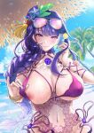  1girl 4zz absurdres bangs beach bikini bikini_pull breasts cleavage closed_mouth clothes_pull covered_nipples cup earrings eyewear_on_head flower genshin_impact hair_flower hair_ornament highres holding holding_cup jewelry large_breasts looking_at_viewer mole mole_under_eye navel nipple_slip nipples ocean palm_tree pubic_tattoo pulled_by_self purple_bikini purple_eyes purple_hair purple_nails raiden_shogun smile solo sunglasses sweat swimsuit tattoo tree 