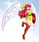  1girl absurdres artist_name bible blue_eyes boots breasts cleavage commentary dress flying genderswap genderswap_(mtf) green_dress green_headwear highres jarckius knee_boots link long_hair medium_breasts pink_hair pointy_ears shield smile solo the_legend_of_zelda very_long_hair white_wings wings zelda_ii:_the_adventure_of_link 