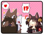  !? 2girls akagi-chan_(azur_lane) amagi-chan_(azur_lane) animal_ears azur_lane bangs bell black_hair blunt_bangs breasts brown_hair cleavage commentary_request detached_collar doll eyebrows_visible_through_hair flat_chest fox_ears fox_girl fox_tail from_behind hair_bell hair_ornament hair_ribbon hairband hairclip heart holding holding_doll japanese_clothes kyuubi long_hair long_sleeves looking_at_another multiple_girls multiple_tails ribbon sidelocks signature simple_background sparkle spoken_heart stuffed_animal stuffed_fox stuffed_toy surprised tail taisa_(kari) twintails twitter_username 