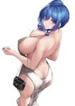  1girl ass azur_lane backless_dress backless_outfit bangs bare_arms bare_back bare_shoulders blue_hair blue_nails blush breasts butt_crack chain closed_mouth commentary covered_nipples dress eyebrows_visible_through_hair fingernails from_behind hair_over_one_eye halterneck hand_bag highres large_breasts lips long_hair looking_at_viewer looking_back nail_polish ponytail purple_eyes rebutsu revealing_clothes shiny shiny_hair shiny_skin side_ponytail silver_dress simple_background st._louis_(azur_lane) st._louis_(luxurious_wheels)_(azur_lane) thighs white_background 