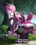  1girl ass bent_over blush colored_skin elenor_camuel grass highres humanoid_robot original panties phantasy_star phantasy_star_online pink_eyes pink_hair pink_panties pink_skirt racaseal robot robot_girl short_hair skirt suzuta_comiya tree underwear white_skin 