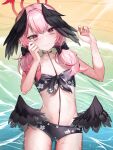  1girl 3: ass_visible_through_thighs beach bikini black_bikini black_bow black_choker black_wings blue_archive blush bow chanpower233 choker clenched_hand closed_mouth collarbone commentary cowboy_shot day dutch_angle embarrassed feathered_wings flat_chest floral_print_bikini furrowed_brow hair_between_eyes hair_bow hair_intakes halo hands_up head_wreath highres koharu_(blue_archive) koharu_(swimsuit)_(blue_archive) long_hair looking_at_viewer low_twintails low_wings lying navel ocean official_alternate_costume official_alternate_hairstyle on_back outdoors pink_eyes pink_hair red_halo solo stomach sunlight swimsuit tearing_up tears twintails wet wings 