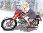  1girl blonde_hair building city dress flower grey_dress hair_flower hair_ornament highres long_hair looking_at_viewer love_live! love_live!_superstar!! maruyo motor_vehicle motorcycle onitsuka_natsumi open_mouth outdoors school_uniform shirt shoes sitting socks solo summer_uniform teeth translation_request tree upper_teeth_only white_shirt yuigaoka_school_uniform 