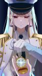  1girl absurdres aquarium_wa_odoranai epaulettes gloves hat highres holding holding_pocket_watch jacket jacket_on_shoulders long_hair military_hat pocket_watch red_eyes retro_(aquarium_wa_odoranai) shirt solo_focus user_mtke2822 watch white_gloves white_hair white_shirt 