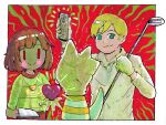  2boys 2others bag_over_head blonde_hair blue_eyes bob_cut brown_hair chara_(undertale) controller crossover funny_games furry gloves golf_club green_sweater heart holding holding_heart holding_knife holding_remote_control jewelry knife locket looking_at_viewer monster_kid_(undertale) multiple_boys multiple_others paul_(funny_games) pendant psicochurroz red_background red_eyes remote_control shirt smile soul_(deltarune) striped_clothes sweater tail undertale white_shirt 
