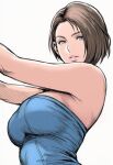  1girl bare_arms bare_shoulders blue_eyes blue_shirt breasts brown_hair highres jaydamon jill_valentine large_breasts looking_at_viewer parted_bangs parted_lips resident_evil resident_evil_3:_nemesis shirt short_hair sideboob solo strapless swept_bangs tube_top upper_body white_background 
