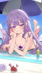  1girl absurdres alternate_costume aotake_iro barefoot beach beach_umbrella bikini blue_sky blurry blurry_foreground blush breasts center-flap_bangs chest_jewel cleavage colored_inner_hair commentary crab day double-parted_bangs feet_up gem gradient_hair grin hair_flaps highres hololive hololive_english jewel_under_eye koseki_bijou long_hair looking_at_viewer lying metal_wings multicolored_hair ocean on_stomach outdoors pebble_(koseki_bijou) pink_hair purple_eyes purple_gemstone purple_hair sidelocks sky smile solo swimsuit symbol-only_commentary the_pose umbrella very_long_hair virtual_youtuber white_bikini 