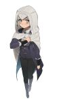  1girl black_boots black_coat black_pants boots cannibal13586 cape closed_mouth coat colored_skin freckles from_above full_body grey_eyes grey_hair hair_bun hand_up highres hood hood_up hooded_cape looking_at_viewer pants reverse:1999 shirt single_side_bun solo vertin_(reverse:1999) walking white_background white_cape white_shirt 