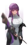  1girl absurdres black_coat blurry blurry_foreground border breasts bright_pupils coat collar collared_dress commentary_request depth_of_field dress feet_out_of_frame fern_(sousou_no_frieren) frilled_collar frills gradient_background hair_over_shoulder half_updo highres holding holding_staff huge_breasts long_hair long_sidelocks long_sleeves looking_at_viewer mage_staff muhae_(dcnh8882) off_shoulder outside_border pout purple_eyes purple_hair sidelocks solo sousou_no_frieren staff standing straight_hair white_border white_dress white_pupils 