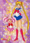  1990s_(style) 2girls back_bow bangs bishoujo_senshi_sailor_moon blonde_hair blue_eyes blue_sailor_collar blue_skirt boots bow brooch chibi_usa choker crescent crescent_earrings double_bun earrings elbow_gloves full_body gloves hair_cones hair_ornament heart heart_brooch heart_choker height_difference high_heels highres jewelry knee_boots leotard logo long_hair magical_girl miniskirt multiple_girls non-web_source official_art open_mouth pink_choker pink_footwear pink_hair pink_sailor_collar pink_skirt pleated_skirt pointing pointing_at_viewer red_eyes retro_artstyle sailor_chibi_moon sailor_collar sailor_moon sailor_senshi sailor_senshi_uniform skirt standing stud_earrings tiara tsukino_usagi twintails very_long_hair 