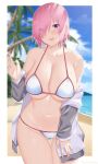  1girl arind_yudha bangs bare_shoulders bikini blush breasts cleavage collarbone fate/grand_order fate_(series) hair_over_one_eye highres jacket large_breasts light_purple_hair looking_at_viewer mash_kyrielight navel open_clothes open_jacket purple_eyes short_hair solo swimsuit thighs white_bikini 