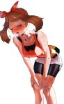  1girl absurdres breasts choutea commentary highres large_breasts leaning_forward may_(pokemon) pokemon pokemon_(game) pokemon_oras solo sweat 