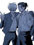  2boys belt black_eyes black_hair black_pants blue-tinted_eyewear blue_eyes coat coat_partially_removed collared_shirt commentary_request cowboy_shot earrings facing_viewer getou_suguru gojou_satoru grey_coat grey_shirt grin hair_bun hair_slicked_back hand_in_pocket hand_on_another&#039;s_shoulder highres jewelry jujutsu_kaisen limited_palette multiple_boys ntyk_no outstretched_hand pants shirt short_hair simple_background smile stud_earrings sunglasses tinted_eyewear white_background white_hair white_shirt 