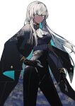  1girl ascot black_gloves black_jacket black_pants blue_eyes breasts brigitta_(metaphor:_refantazio) dark-skinned_female dark_skin expressionless facial_mark floating_hair gloves grey_background grey_hair highres hime_cut jacket jacket_on_shoulders long_hair looking_at_viewer medium_breasts metaphor:_refantazio pants simple_background solo teketeke_(tasutekete) white_ascot 