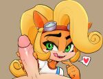  &lt;3 2020 5_fingers activision anthro bandicoot black_nose blonde_hair bodily_fluids clothed clothing coco_bandicoot colored crash_bandicoot_(series) dark_body dark_skin duo eye_contact eyebrows eyelashes eyewear eyewear_on_head female fingers first_person_view genitals goggles goggles_on_head green_eyes hair half-closed_eyes hand_on_penis handjob happy human human_on_anthro humanoid_genitalia humanoid_penis interspecies licking licking_lips long_hair looking_at_another looking_at_viewer male male/female male_pov mammal marsupial narrowed_eyes naughty_face open_mouth open_smile penile penis pictographics ponytail saliva saliva_string sex shirt simple_background smile solo_focus speech_bubble teeth tenshigarden tongue tongue_out topwear vein veiny_penis video_games voidinac 