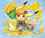  :3 beret black_dress blue_background clothed_pokemon crossover dress full_body hat ink inkay no_humans non_(kumakawayusu) open_mouth orange_hat orange_shoes painting_(medium) pikachu pokemon pokemon_(creature) shoes splatoon_(series) traditional_media tri-slosher_(splatoon) watercolor_(medium) 