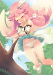  1girl antennae ass_visible_through_thighs blush branch choker closed_eyes cloud detached_sleeves dragalia_lost embarrassed fairy fairy_wings fang flower gem green_skirt hair_flower hair_ornament long_hair miniskirt notte_(dragalia_lost) open_mouth outdoors panties pink_hair sen1986 shirt side-tie_panties skirt skirt_tug sky snagged solo thigh_gap thighs tree underwear white_panties white_shirt white_sleeves wings 