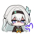  1girl :| blue_eyes blue_ribbon brown_hairband brown_jacket closed_mouth collared_shirt dot_nose firefly_(honkai:_star_rail) glaring gradient_eyes gradient_hair green_pupils grey_hair hair_between_eyes hair_intakes hair_ornament hair_ribbon hair_tubes hairband highres honkai:_star_rail honkai_(series) jacket long_hair makinomaki108 multicolored_eyes multicolored_hair neckerchief orange_neckerchief ribbon shirt simple_background solo white_background 