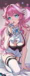  1girl absurdres animal_ears artist_name black_tube_top blue_eyes blue_gemstone breasts cleavage gem highres hololive hololive_english large_breasts long_hair looking_at_viewer matsushimayuusa open_mouth panther_ears panther_girl panther_tail pink_hair raora_panthera raora_panthera_(1st_costume) shorts solo strapless tail thigh_strap thighhighs tube_top virtual_youtuber white_shorts white_thighhighs 