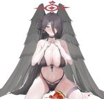  1girl absurdres bare_arms bare_shoulders bikini biu_biu_bin black_bikini black_choker black_hair black_wings blue_archive blush breasts choker collarbone feathered_wings fidgeting food front-tie_top fruit hair_between_eyes hair_bun halo hasumi_(blue_archive) hasumi_(swimsuit)_(blue_archive) highres huge_breasts long_hair looking_at_viewer melon navel official_alternate_costume official_alternate_hairstyle red_eyes red_halo side-tie_bikini_bottom simple_background single_side_bun sitting solo sweat swimsuit white_background wings 