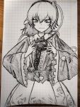  1girl commentary_request floral_print greyscale hairband heart highres komeiji_satori long_sleeves looking_down monochrome ni_0220 photo_(medium) rose_print shirt short_hair skirt solo third_eye touhou traditional_media wide_sleeves 