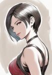  1girl ada_wong bare_shoulders black_choker black_hair breasts brown_eyes chest_harness choker closed_mouth dress eyeshadow grey_background harness highres jaydamon light_smile looking_at_viewer makeup medium_breasts pink_eyeshadow portrait red_dress resident_evil resident_evil_2 short_hair solo swept_bangs 