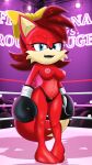 absurd_res anthro archie_comics big_breasts blue_eyes bottomwear boxing_gloves breasts canid canine clothed clothing digital_media_(artwork) female fighting_ring fiona_fox fox fur genitals hair handwear hi_res looking_at_viewer mammal navel nipples sega solo sonic_the_hedgehog_(archie) sonic_the_hedgehog_(comics) sonic_the_hedgehog_(series) tail topless toyminator900 underwear